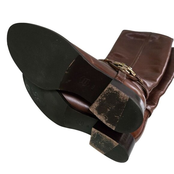 Tory Burch Aaden Riding Boots Cognac Leather Gold Logo Zip Closure Size 6M - Picture 6 of 16